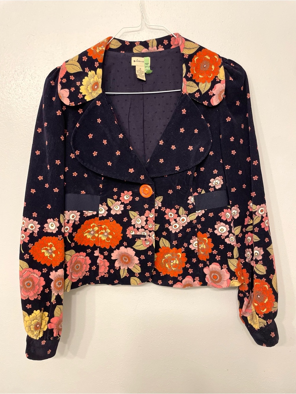 Elevenses Navy Corduroy Blazer with Orange & Pink Floral Print